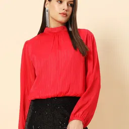 Chemistry Self Design High Neck Puff Sleeves Georgette Top-picture-3