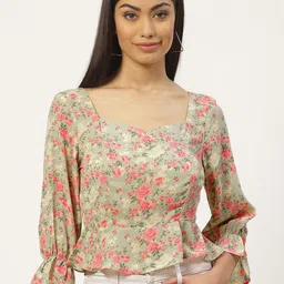 Slenor Floral Print Bell Sleeve Smocked Georgette Top-image-23