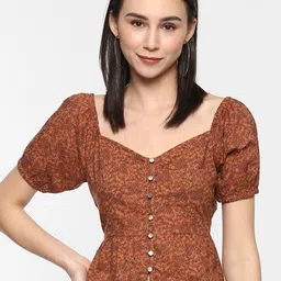 Porsorte Rust Brown Print Sweetheart Neck Pure Cotton Peplum Top-picture-23