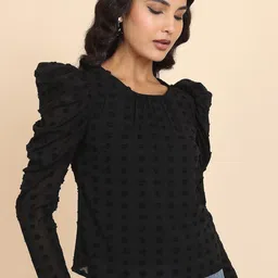 Tokyo Talkies Black Self Design Puff Sleeves Top-image-64