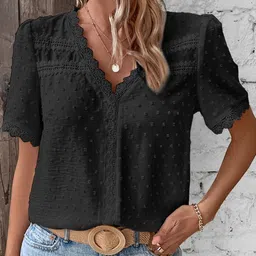StyleCast Black Self Design Puffed Sleeves Top image 1