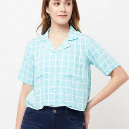 Crimsoune Club Women Blue & White Checked Shirt Style Crop Top-image-30