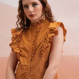 Tokyo Talkies Rust Self Design High Neck Flutter Sleeve Ruffles Shirt Style Top-picture-22