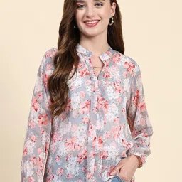 KERI PERRY Floral Printed Mandarin Collar Georgette Shirt Style Top-picture-33