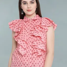 Moda Elementi Floral Print Flutter Sleeve Sheer Shirt Style Top-image-8