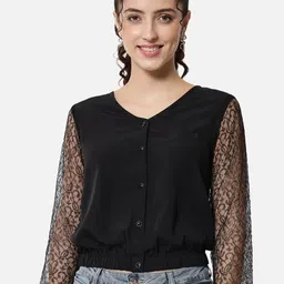 BAESD V-Neck Smocking Detail Shirt Style Crop Top-picture-39
