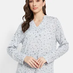 METTLE Grey Floral Printed Mandarin Collar Cotton Top-picture-14