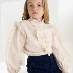 Angel & Rocket Girls Self Design High Neck Cuffed Sleeves Embroidered Cotton Regular Top image 1