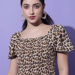 Slenor Animal Printed Puff Sleeve Georgette Crop Top image 1