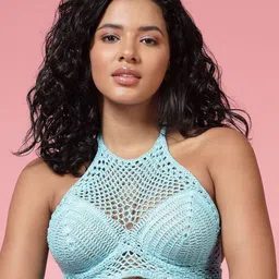 Velvery Solid Tie-Up Neck Crochet Bralette Crop Top-picture-19