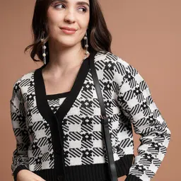 Tokyo Talkies Black Checked Crop Cardigan Sweater With Crop Top-picture-27
