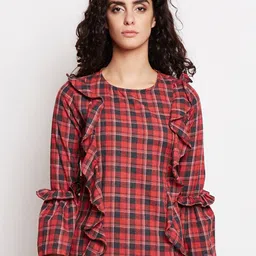 Be Indi Women Maroon & Black Checked Ruffles Top-picture-10