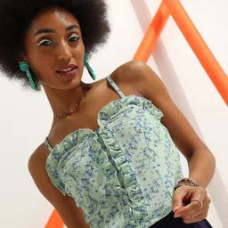 Veni Vidi Vici Green & Blue Floral Frilled Printed Crop Top-image-55