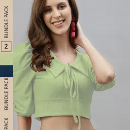 Selvia Pack of 2 Tie-Up Neck Puff Sleeves Crop Tops-picture-34