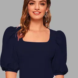Dream Beauty Fashion Navy Blue Indigo Puff Sleeve Fitted Top-picture-18