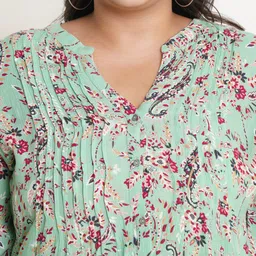 IX IMPRESSION Women Plus Size Green & Pink Floral Printed Mandarin Collar Top image 3