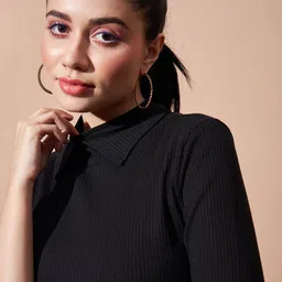 SASSAFRAS BASICS Ribbed Shirt Collar Cotton Top image 4