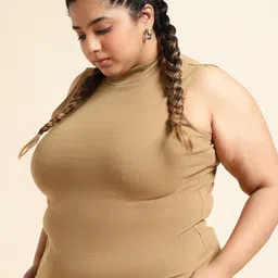 UnaOne Plus Size Pack of 2 Ribbed High Neck Cotton Fitted Tops image 2