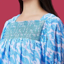 Globus Blue Abstract Printed Square Neck Puff Sleeve Smocking Top image 4