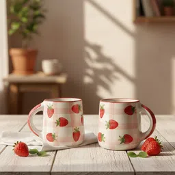abc Strawberry Print Ceramic Coffee Set of 2 | Cute Checkered Design Tea Cups Ceramic Coffee Mug image 4