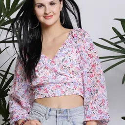 Sera White Floral Printed Flared Sleeves Chiffon Wrap Crop Top image 4