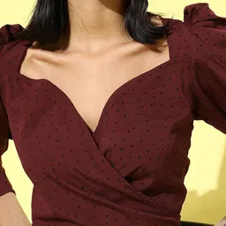 Sera Polka Dots Printed Waist Tie-Up Detailed V-Neck Puff Sleeve Wrap Crop Top image 2