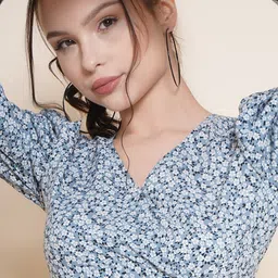 VESTIDO MODAS Floral Printed Puffed Sleeves Fitted Crop Top image 2