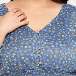 wild U Women Plus Size Blue & Mustard Yellow Floral Print Chiffon Cinched Waist Top image 2