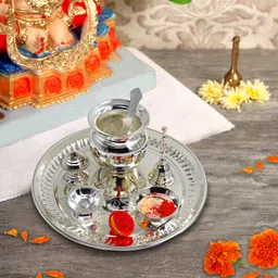 me&you Silver Plated Puja Thali with Rali Chawal and Kalawa, For Diwali Pooja| Dhanteras | Navratras | Bhaidooj | Durga Pooja Silver Plated image 3