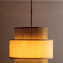 akway Beige & White Textured Wooden Cylindrical  Shaped Ceiling Lamp image 5