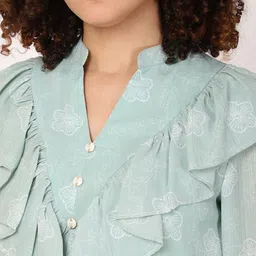 FUTURO Floral Printed Mandarin Collar Cuffed Sleeves Shirt Style Top image 4