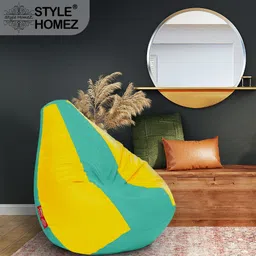style homez XXXL Premium Leatherette Classic Teal Yellow Color Teardrop Bean Bag With Bean Filling image 2