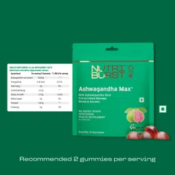 Nutriburst Ashwagandha Max 500mg Gummies for Stress and Anxiety Relief Vigour, Energy, Power & Stamina Relax Refresh Mind & Body Guava Flavor Gummies, No added sugar image 3