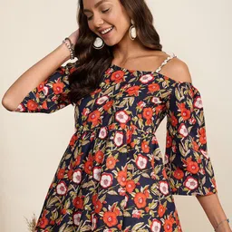 WineRed Floral Print Cold-Shoulder Sleeves Pure Cotton A-Line Top image 5