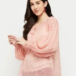 max Pink Print Tie-Up Neck Blouson Top image 3