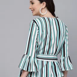 Style Quotient White & Green Striped V Neck Bell Sleeve Wrap Top image 3