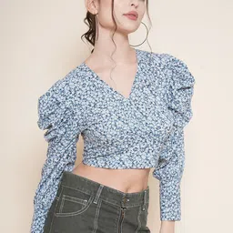 VESTIDO MODAS Floral Printed Puffed Sleeves Fitted Crop Top image 3