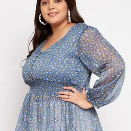 wild U Women Plus Size Blue & Mustard Yellow Floral Print Chiffon Cinched Waist Top image 3