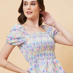 Globus Floral Printed Puff Sleeve Smocking Peplum Top image 3