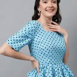 Kotty Blue Polka Dot Printed Crepe Peplum Top image 3