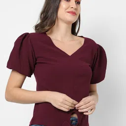 Campus Sutra Maroon Puff Sleeves Crepe Top image 3