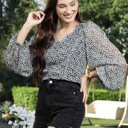 Sera Abstract Print Sweetheart Neck Puff Sleeve Chiffon Top image 3