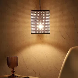 akway Beige & Black Textured Wooden Cylindrical  Shaped Ceiling Lamp image 5