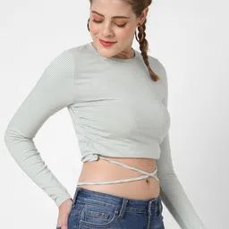 VASTRADO Striped Round Neck Cotton Fitted Crop Top image 3