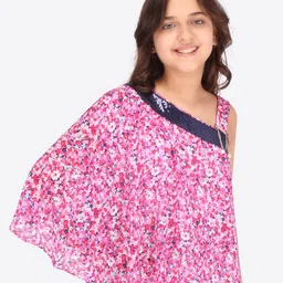 CUTECUMBER Girls Pink Floral Print One Shoulder Georgette Top image 2