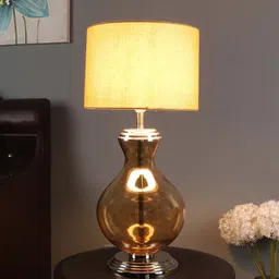 sapphire Titan Beige Metal and Fabric Shade Night Lamp With Glass Base image 1
