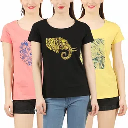 laya Pack of 3 Women Printed Round Neck Pure Cotton Black, Pink, Yellow T-Shirt-picture-12