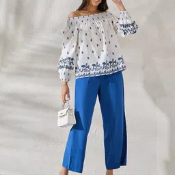 Styli Floral Embroidered Off Shoulder Puff Sleeves Cotton Bardot Top image 4