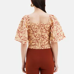 Kazo Print Self Design Square Neck Flared Sleeve Cotton Top image 2