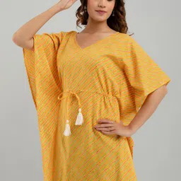 FrionKandy Yellow Geometric Print Flared Sleeve Cotton Kaftan Top image 4